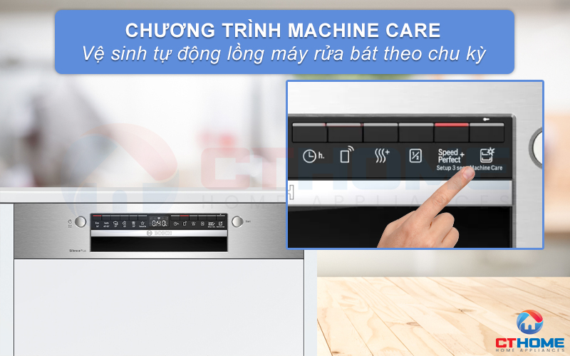 Tính năng Machine Care giúp tự động vệ sinh máy rửa bát Bosch SMI4HCS48E.