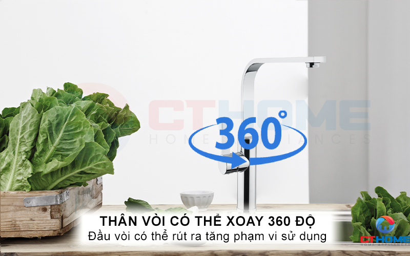 Thân vòi xoay 360 độ tăng phạm vi tiếp cận rửa vật dụng