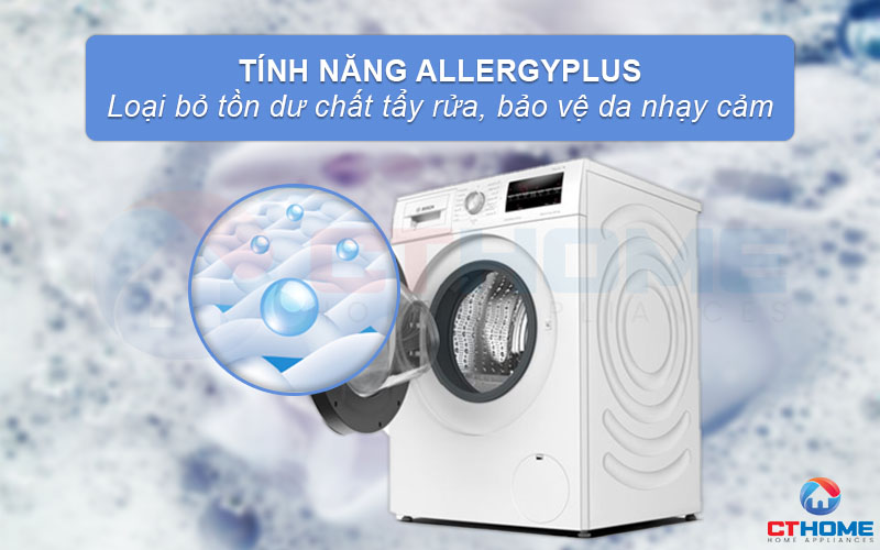 Công nghệ Allergy Plus trên máy giặt sấy WNA14400SG giúp loại bỏ tồn dư chất tẩy rửa.