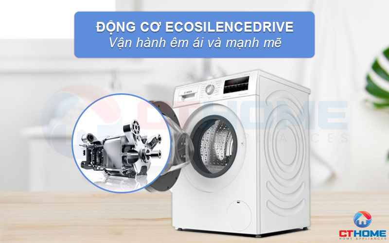 Máy giặt kèm sấy Bosch WNA14400SG hoạt động êm ái hơn nhờ động cơ EcoSilence Drive.