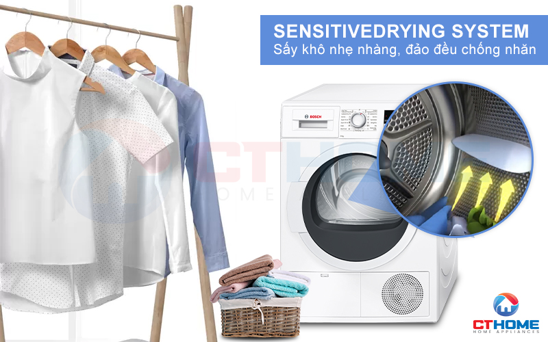 Quần áo được sấy khô nhẹ nhàng và chống nhăn nhờ công nghệ SensitiveDrying System.