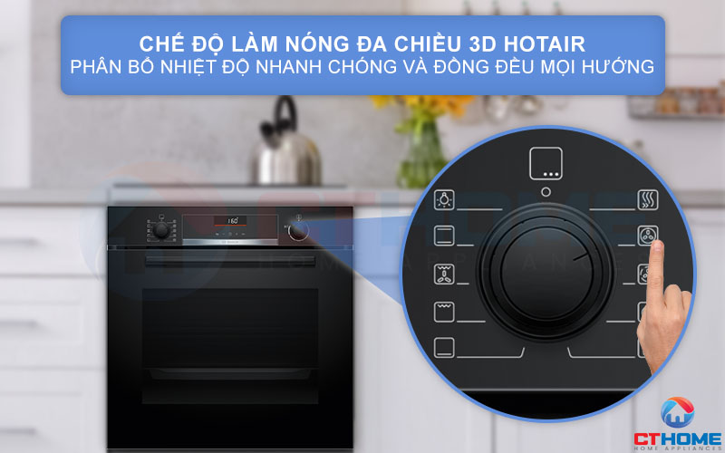 Chế độ nướng 3D Hotair phân phối nhiệt đồng đều ở mọi mặt và mọi cấp độ