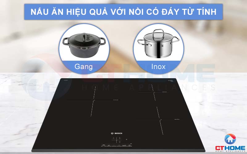 Nấu ăn hiệu quả hơn với nồi có đáy từ khi sử dụng bếp từ Bosch PUC631BB1E.