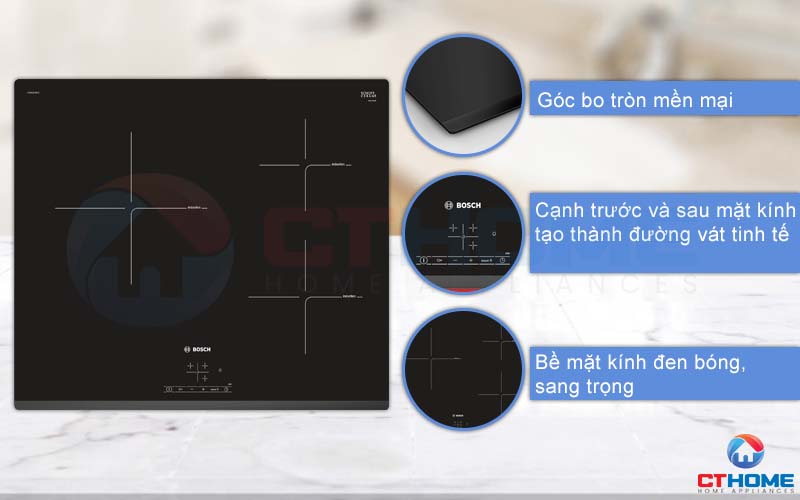 Bếp từ Bosch PUC631BB1E được thiết kế với viền bo góc và bề mặt đen bóng sang trọng.