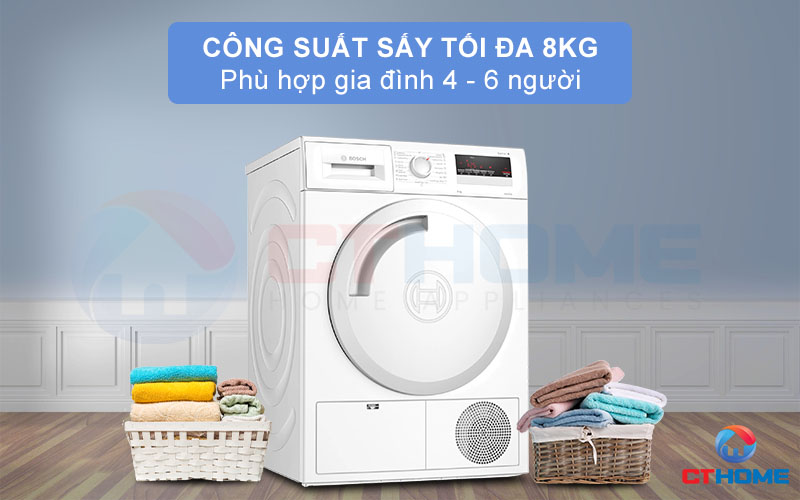 Dung tích chứa lớn, công suất sấy tối đa 8kg phù hợp với gia đình 4-6 người