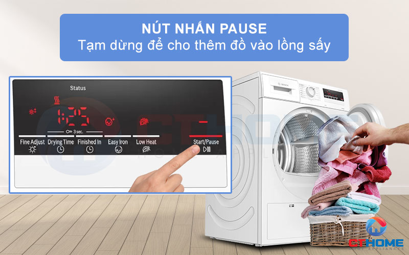 Tạm dừng để cho thêm đồ vào lồng sấy với nút nhấn Pause