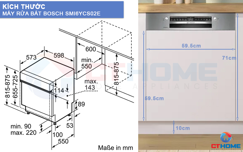 Kích thước máy rửa bát Bosch SMI6YCS02E