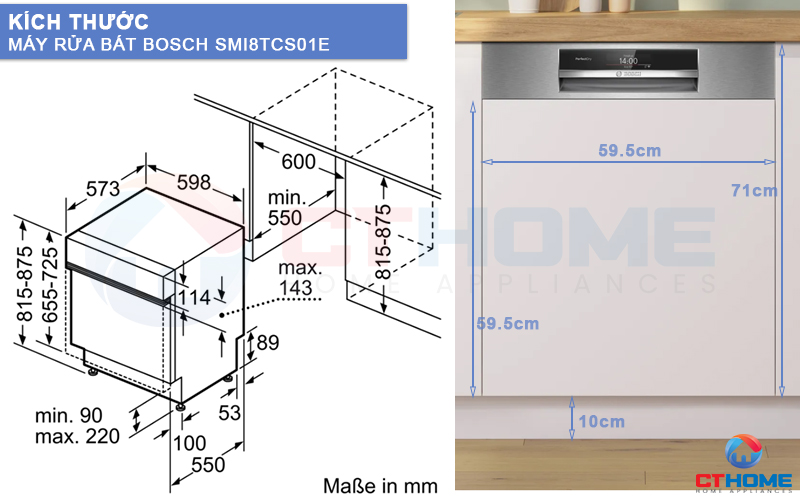 Kích thước máy rửa bát Bosch SMI8TCS01E