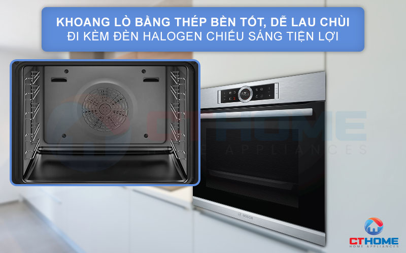 Khoang lò bằng thép không gỉ bền tốt, dễ lau chùi đi kèm đèn Halogen tiện lợi