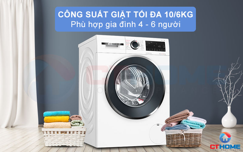 Công suất giặt 10kg và sấy 6kg phù hợp với gia đình đông thành viên