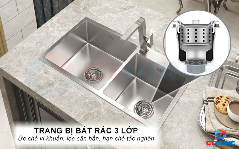 Trang bị bát rác 3 lớp ức chế hiệu quả sinh trưởng của vi khuẩn, lọc cặn bẩn, hạn chế tắc nghẽn đường ống thoát