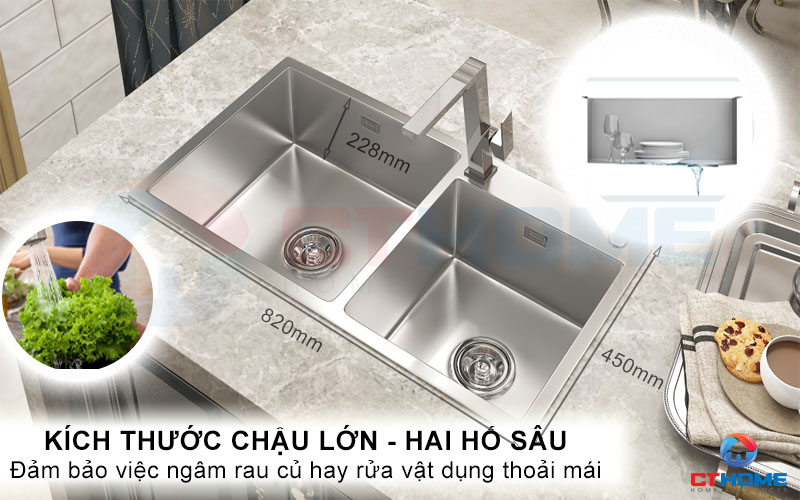 Chậu rửa với thiết kế chính là 2 hố lệch