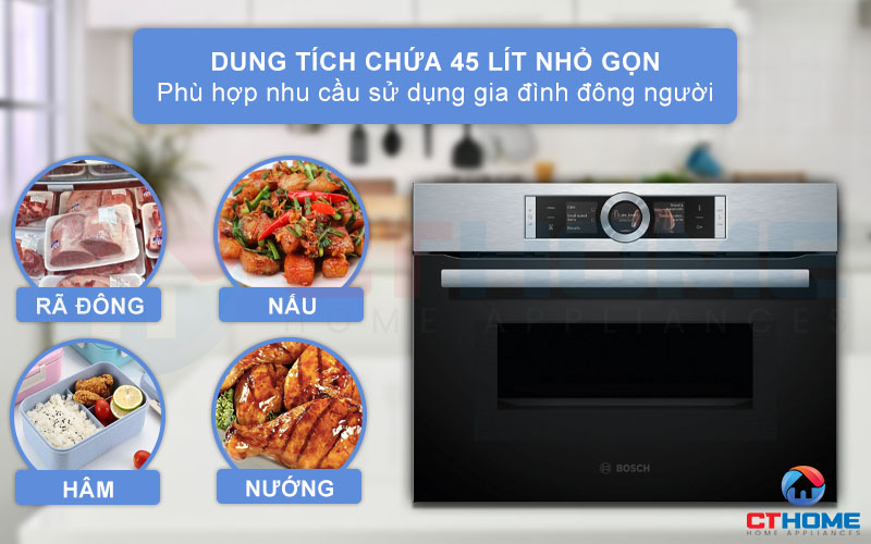 Dung tích lò 45 lít thoải mái sử dụng cho việc nướng, hâm nóng,...