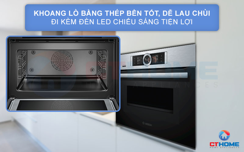 Khoang lò được làm bằng thép không gỉ bền tốt, dễ lau chùi đi kèm đèn LED chiếu sáng tiện lợi