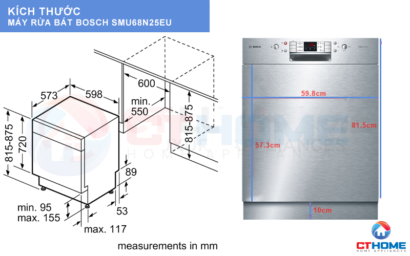 Kích thước của máy rửa bát SMU68N25EU