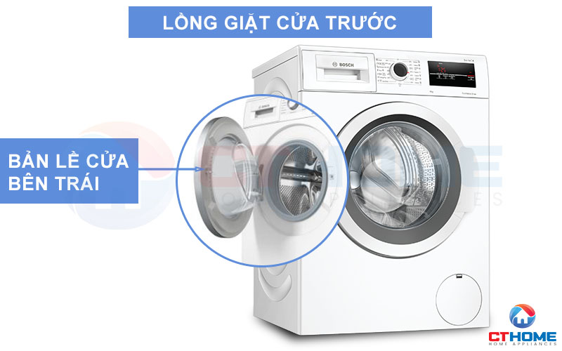 Lồng máy giặt cửa trước, bản lề cửa bên trái thuận tiện việc đóng mở hằng ngày