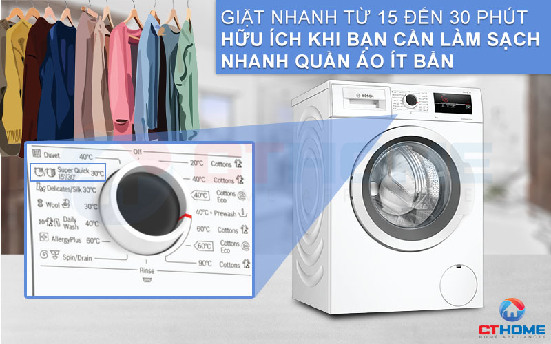 Tính năng Super Quick 15'/30' giúp bạn giặt sạch quần áo trong thời gian ngắn