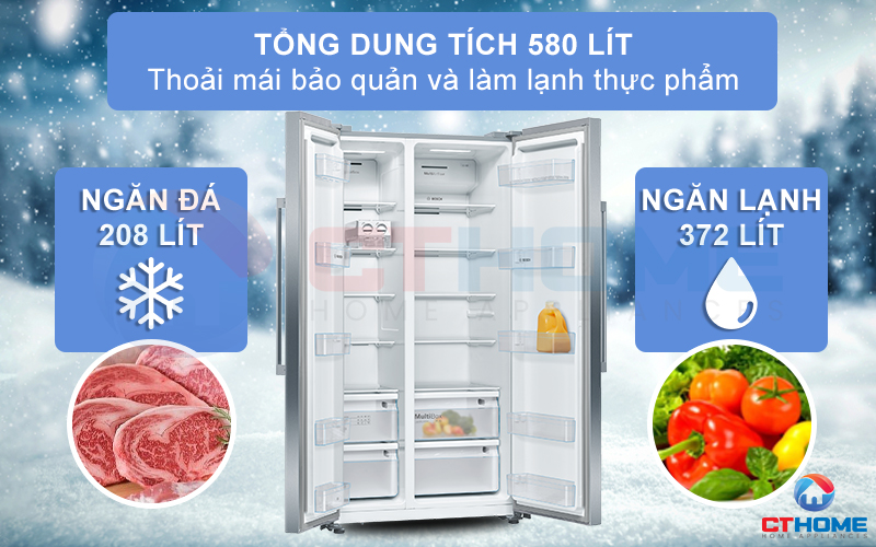 Tổng dung tích đến 580 lit cho bạn thoải mái bảo quản và làm lạnh thực phẩm