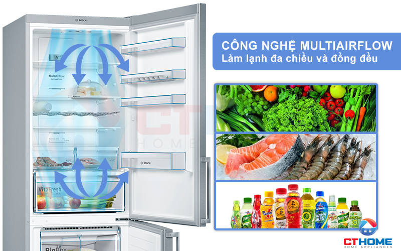 Hệ thống Multiairflow sẽ thổi toàn bộ khí lạnh với nhiều hướng khác nhau vào trong các tầng trong tủ lạnh