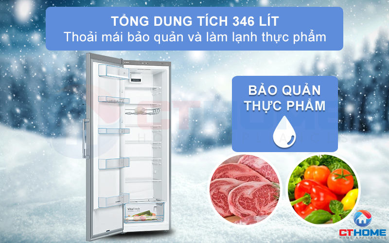 Tổng dung tích lên đến 346 lít cho bạn thoải mái bảo quản và làm lạnh thực phẩm