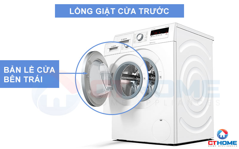 Lồng máy giặt cửa trước, bản lề cửa bên trái thuận tiện cho việc đóng mở