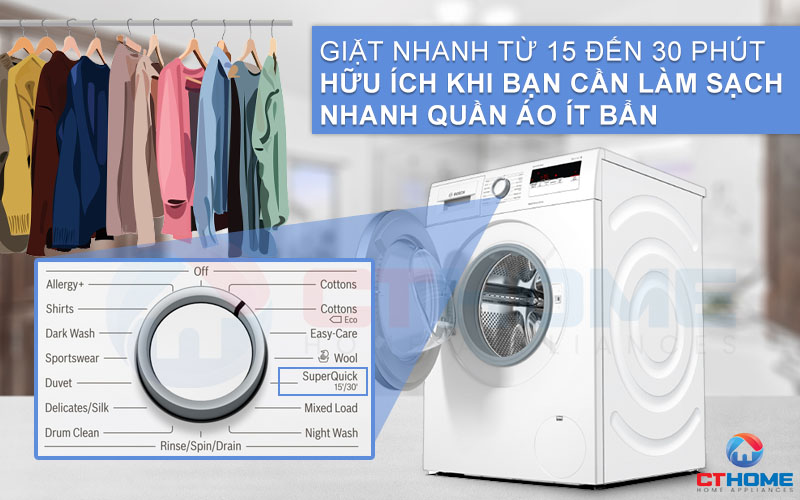 Chương trình Super Quick 15'/30' giúp tiết kiệm thời gian giặt hơn