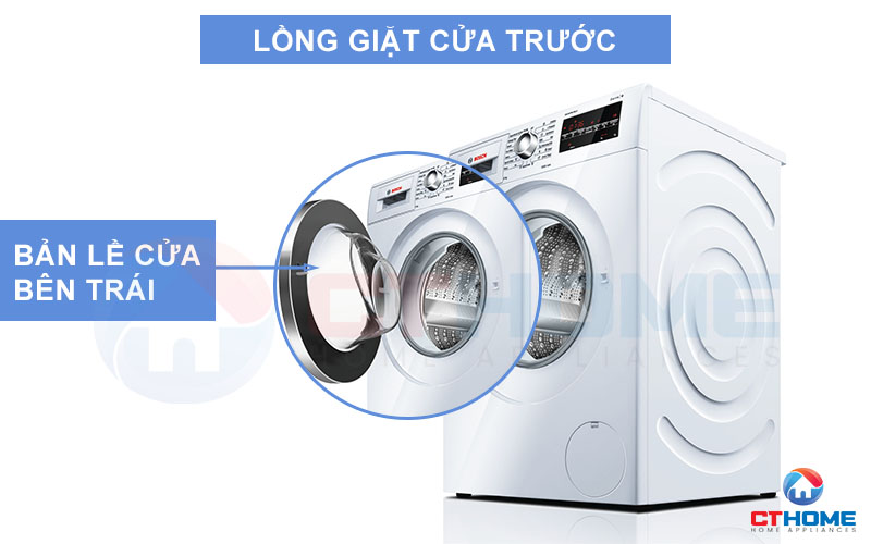 Lồng máy giặt cửa trước, bản lề cửa bên trái thuận tiện cho việc đóng mở