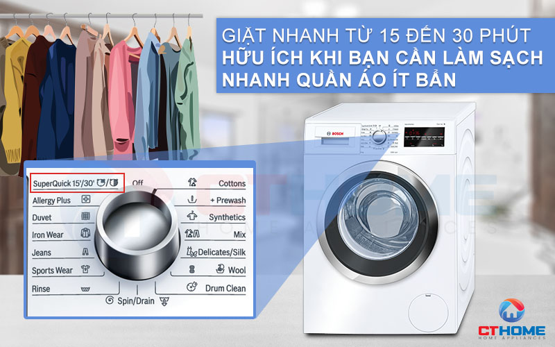 Chương trình Super Quick 15'/30' giúp bạn giặt sạch quần áo trong thời gian ngắn