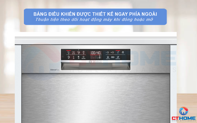 Bảng điều khiển máy rửa bát Bosch SMU6ECS57E serie 6 đang trang bị ngay phía ngoài tiện lợi