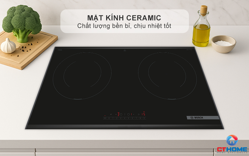 mặt kính Ceramic màu đen của bếp từ Bosch PPI8256XVN