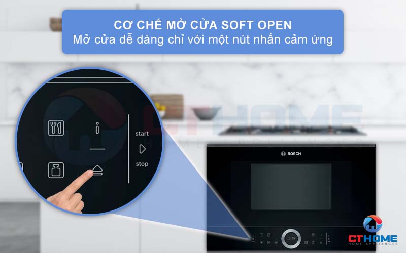 Mở cửa lò vi sóng Bosch BFL634GB1 dễ dàng chỉ với một nút nhấn.