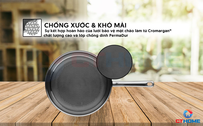 Lưới bảo vệ làm từ Cromargan giúp chảo chống xước & khó mài 