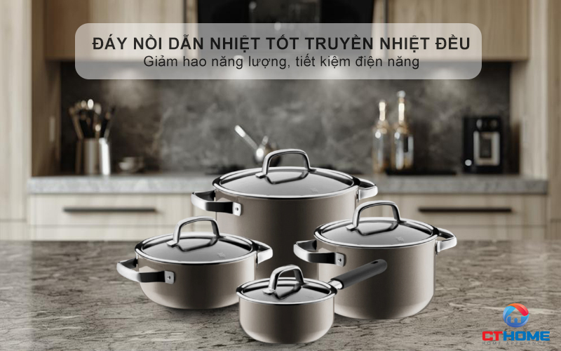 Đáy nồi dẫn nhiệt tốt truyền nhiệt đều khắp diện tích đáy nồi, giảm hao năng lượng