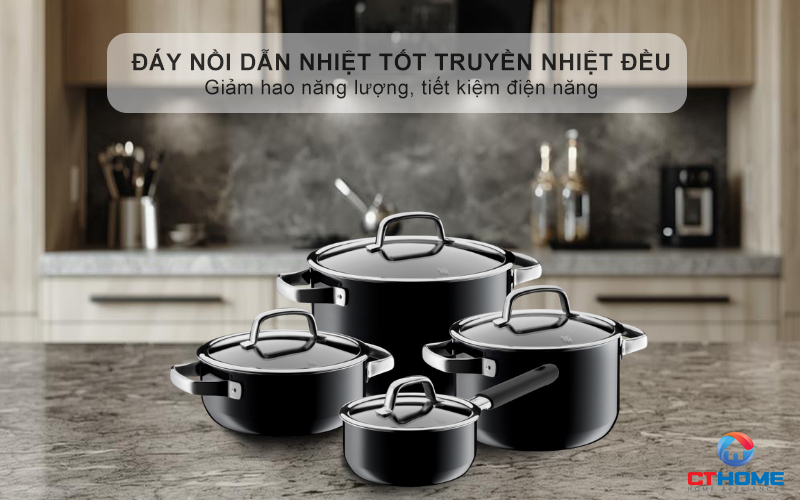 Đáy nồi dẫn nhiệt tốt truyền nhiệt đều khắp diện tích đáy nồi, giảm hao năng lượng