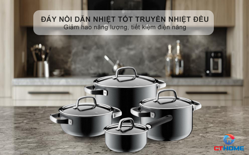 Đáy nồi dẫn nhiệt tốt truyền nhiệt đều khắp diện tích đáy nồi, giảm hao năng lượng