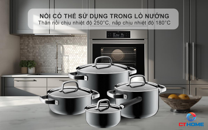 Nồi có thể sử dụng trong lò nướng - Thân nồi nhiệt độ lên đến 250°C, nắp chịu được nhiệt độ lên đến 180°C
