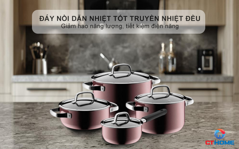 Đáy nồi dẫn nhiệt tốt truyền nhiệt đều khắp diện tích đáy nồi, giảm hao năng lượng