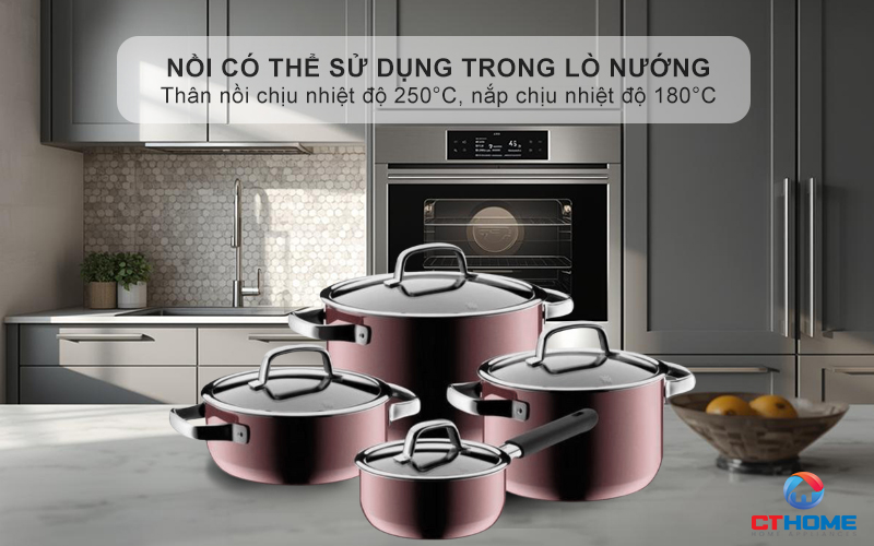 Nồi có thể sử dụng trong lò nướng - Thân nồi nhiệt độ lên đến 250°C, nắp chịu được nhiệt độ lên đến 180°C