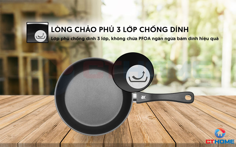 Lòng chảo được phủ chống dính 3 lớp, không chứa PFOA, an toàn sức khỏe