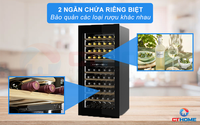 Tủ với 2 ngăn chứa riêng biệt cho phép bảo quản 2 loại rượu cùng một lúc