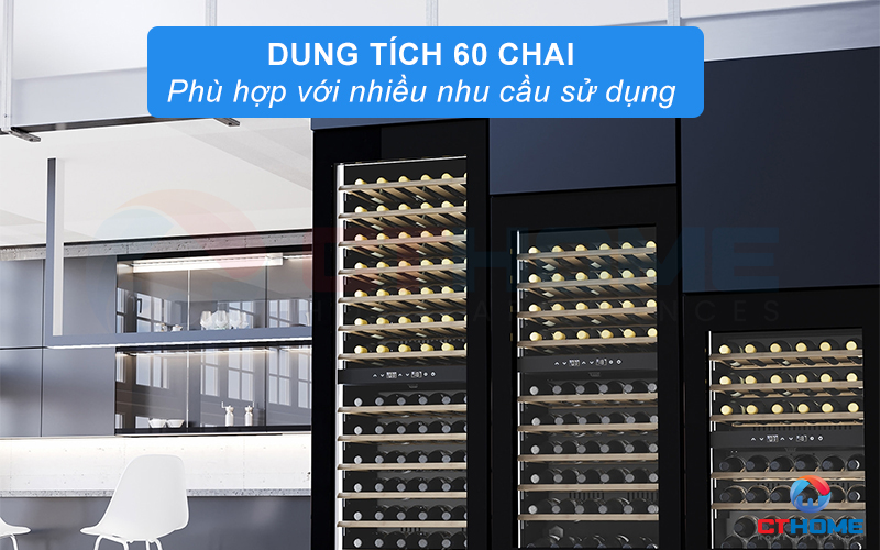 Dung tích tủ chứa lên đến 60 chai, phù hợp với nhiều nhu cầu sử dụng