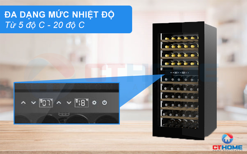 Đa dạng mức điều chỉnh nhiệt độ, phù hợp với nhiều loại rượu vang khác nhau