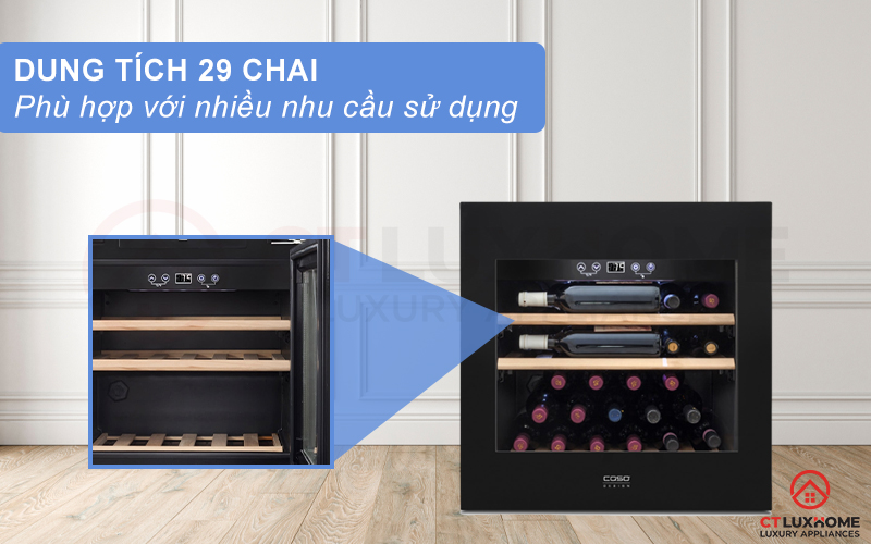 Dung tích tủ chứa lên đến 29 chai, phù hợp với nhiều nhu cầu sử dụng
