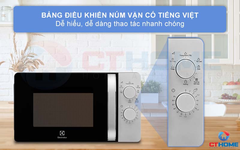 Bảng điều khiển núm vặn có tiếng Việt dễ dàng thao tác nhanh chóng.