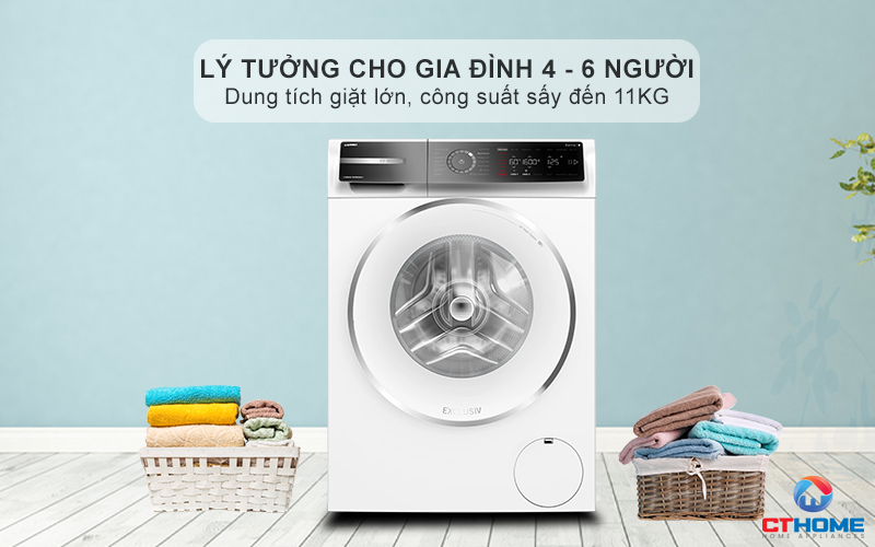 Dung tích giặt lớn, công suất giặt đến 11kg thoải mái cho gia đình đông người