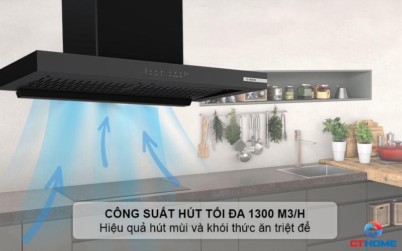 Công suất hút tối đa mạnh mẽ đảm bảo không gian bếp trong sạch, thoáng đãng
