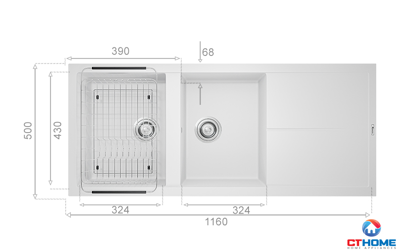 2 chậu rửa kích thước lớn đáp ứng đầy đủ nhu cầu rửa rau củ, vật dụng