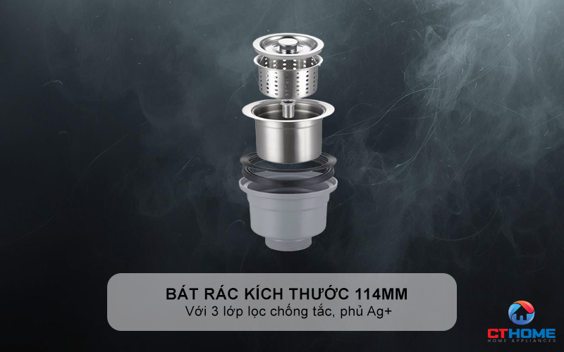 Bát rác kích thước tiêu chuẩn 114mm, với 3 lớp lọc chống tắc, phủ Ag+ kháng khuẩn