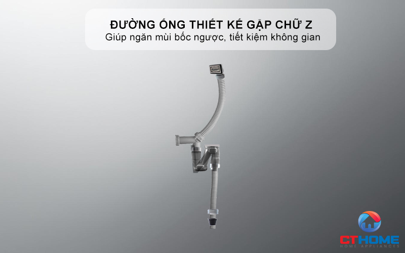 Đường ống được phát triển thiết kế gập chữ Z giúp ngăn mùi bốc ngược, tiết kiệm không gian khoang tủ bếp