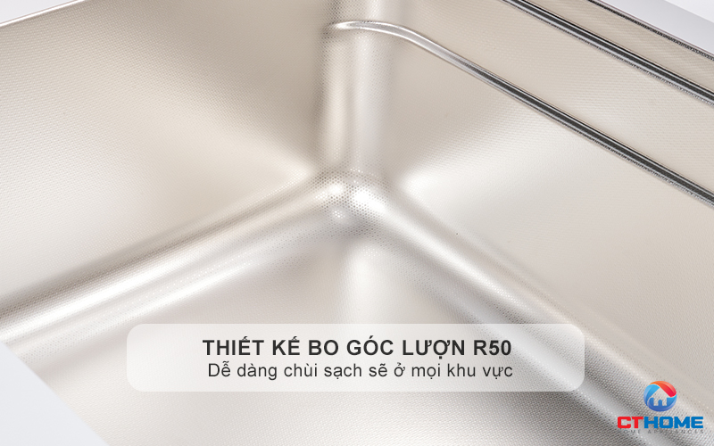 Thiết kế bo góc lượn R50 giúp dễ vệ sinh các góc chậu và ráo nước nhanh hơn